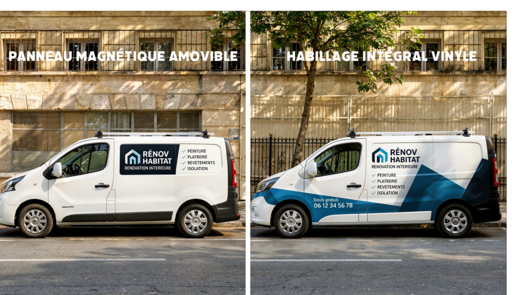 Panneau magnétique ou adhésif covering : deux solutions de marquage véhicule professionnel.
