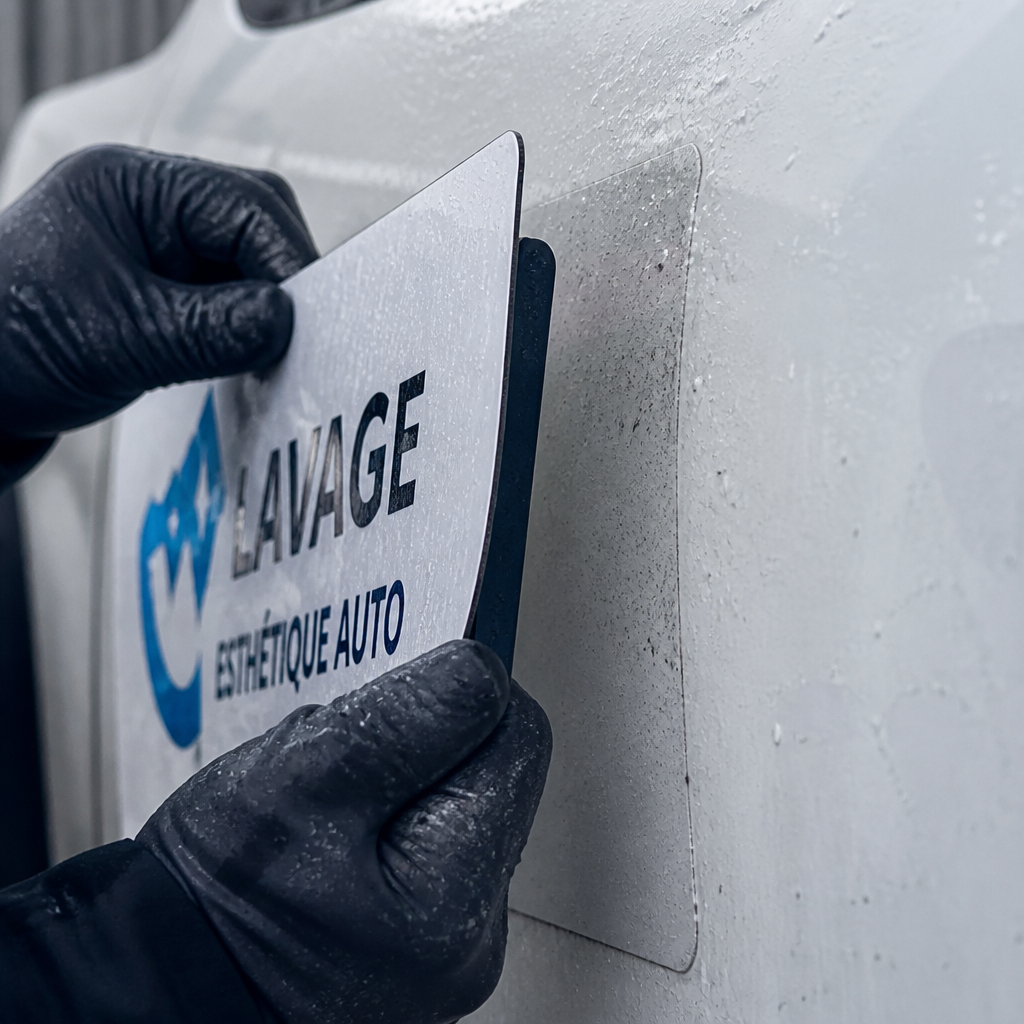 Entretien hivernal d'une plaque aimantée pour véhicule utilitaire professionnel.
